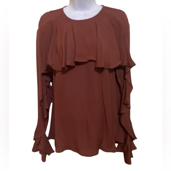 Veronica Beard Mia Silk Ruffle Blouse Burt Orange Brown Semi Sheer Lux Size 2 - Picture 6 of 13